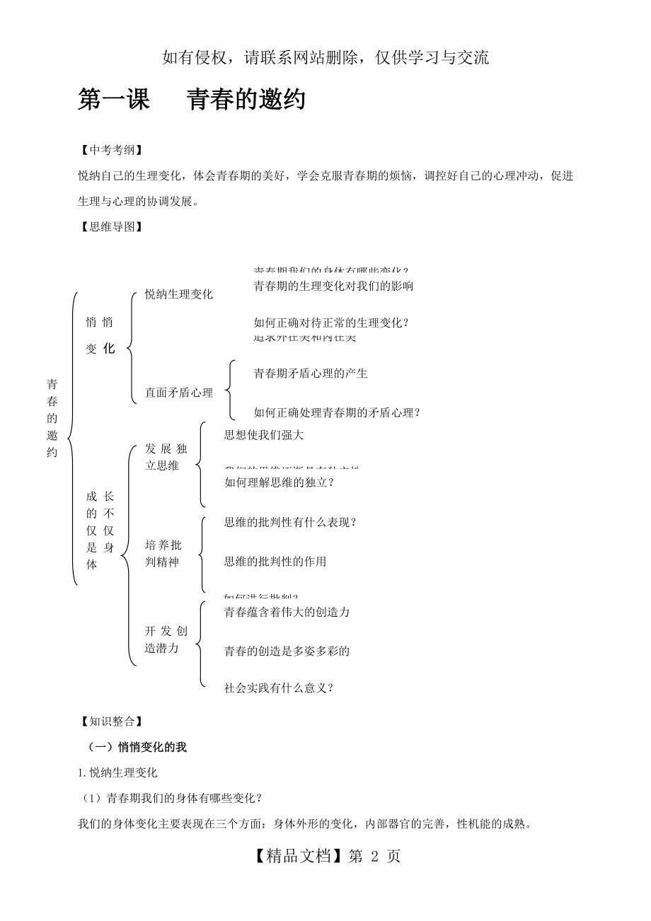 人教版《道德与法治》七年级下册_第一课 青春的邀约 复习材料.doc_第2页