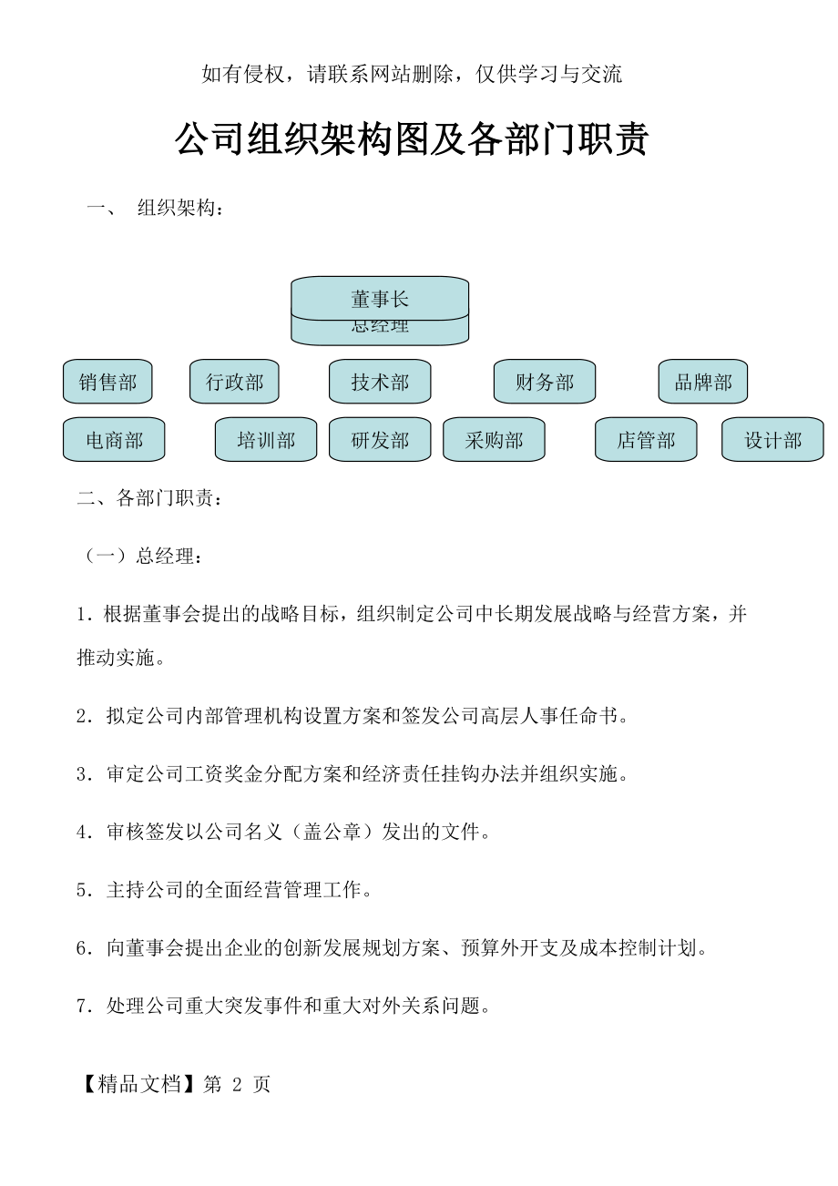 公司组织架构和部门职责共8页文档.doc_第2页