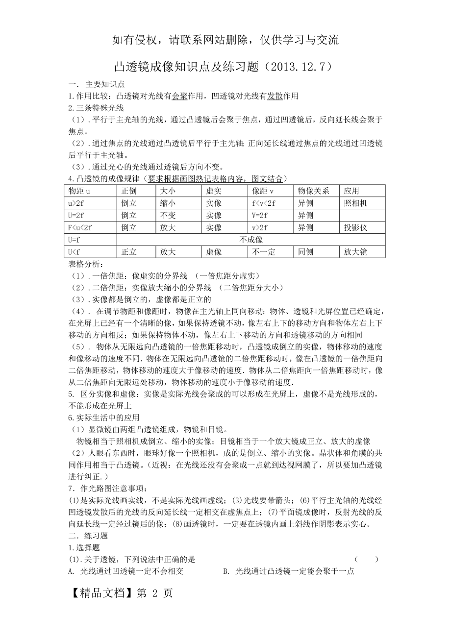 凸透镜成像知识点及练习题.doc_第2页