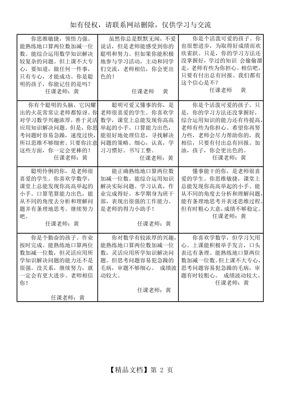 一年级下册数学学科素养评语.doc_第2页