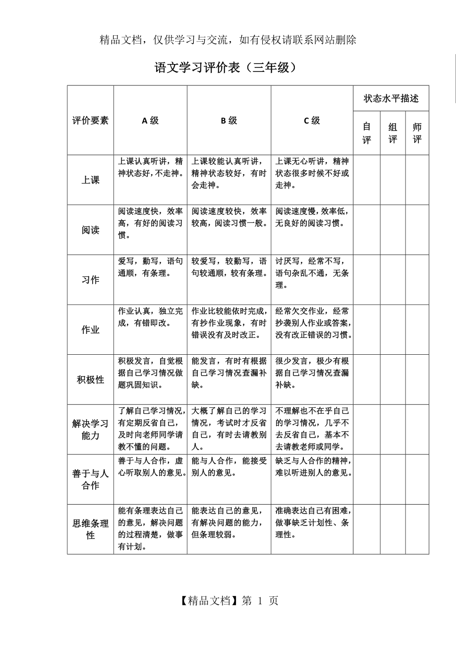 小学生学科学习评价表.doc_第1页