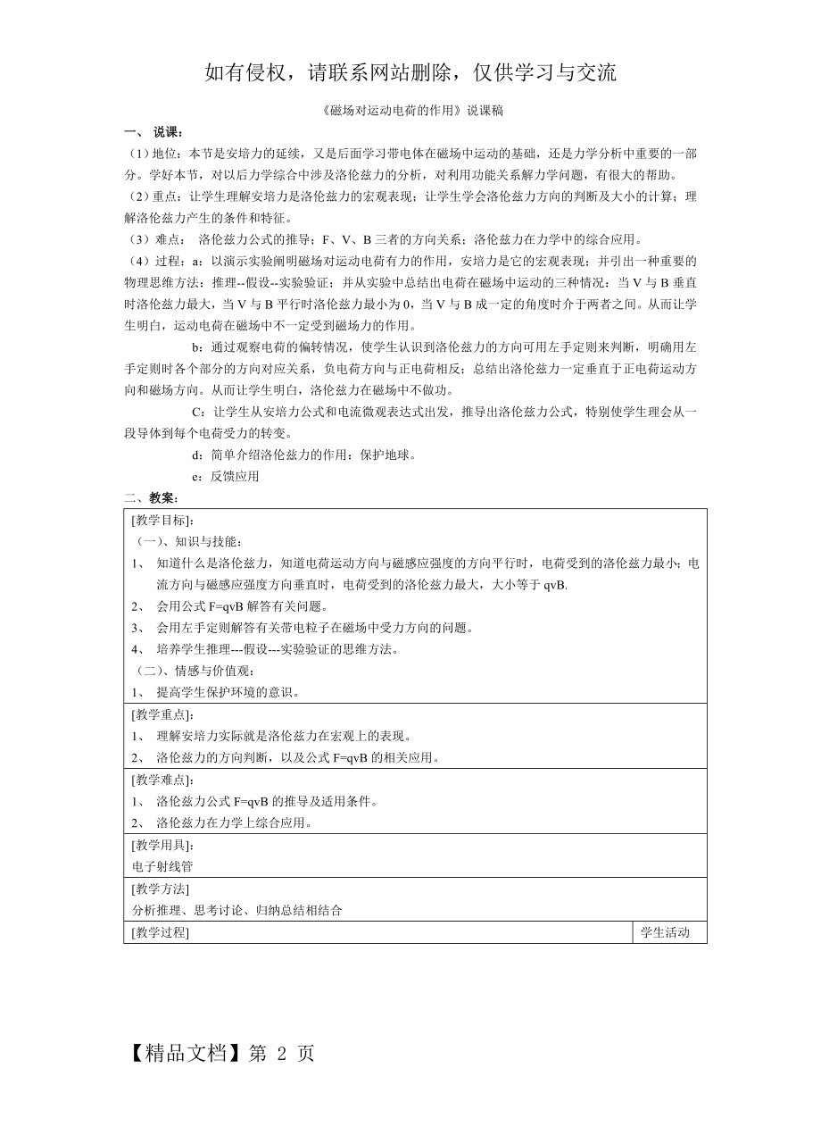 《磁场对运动电荷的作用》说课稿精品文档3页.doc_第2页