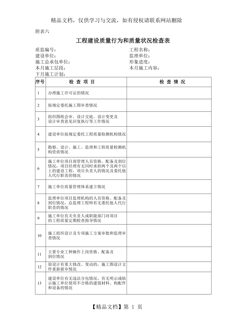 工程建设质量行为和质量状况检查表.doc_第1页