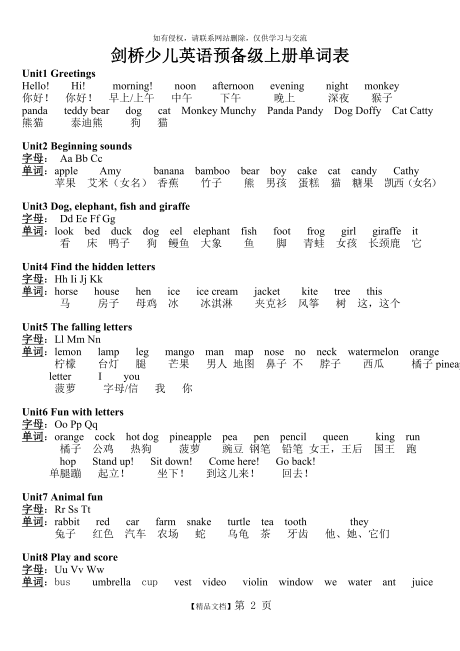 剑桥少儿英语预备级上册单词表(精编打印版).doc_第2页