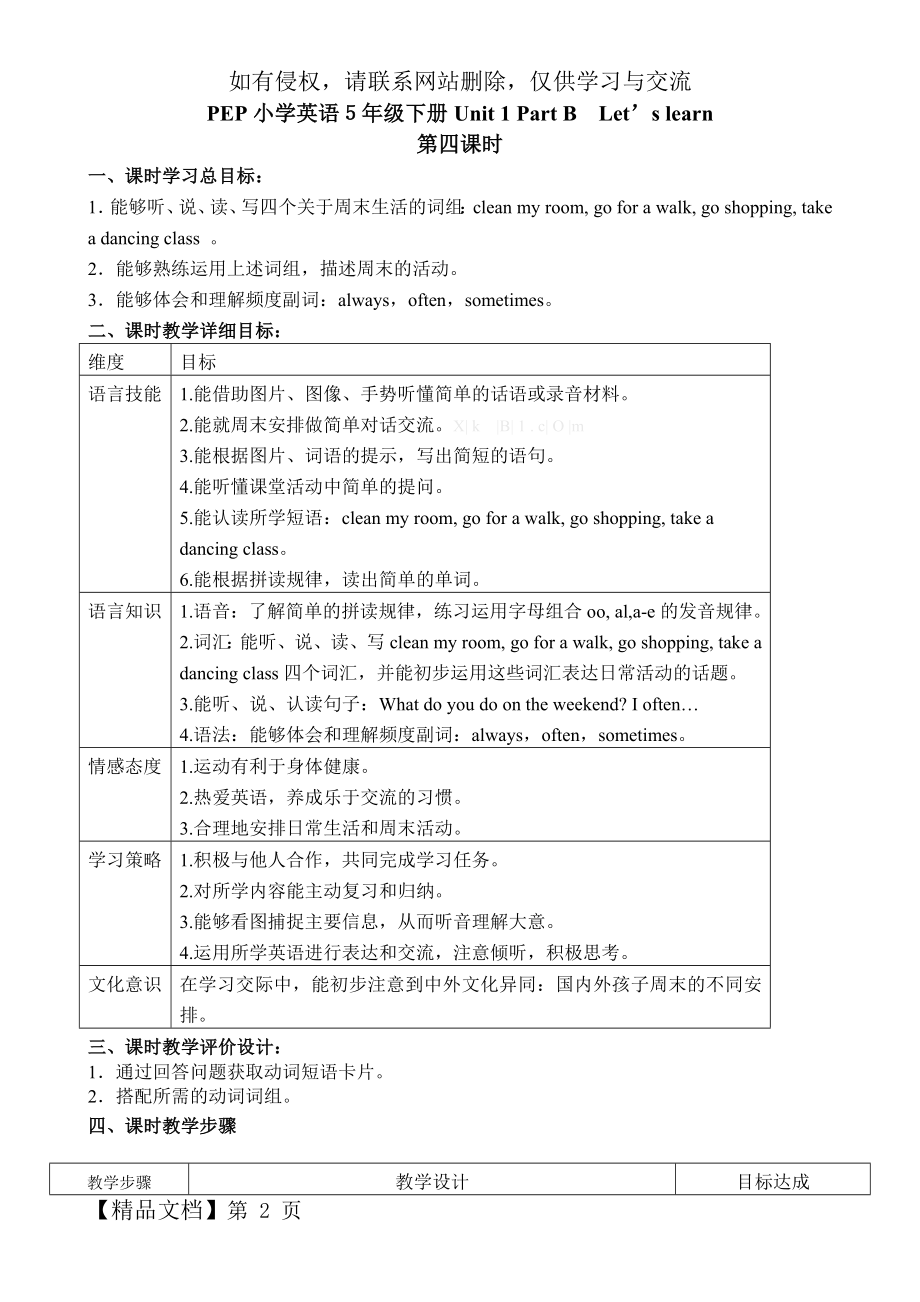 新版五年级下册Unit1My dayPart B Let27s learn教案.doc_第2页