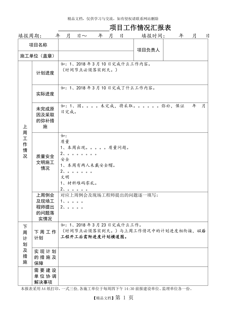 项目施工进度情况汇报表.doc_第1页