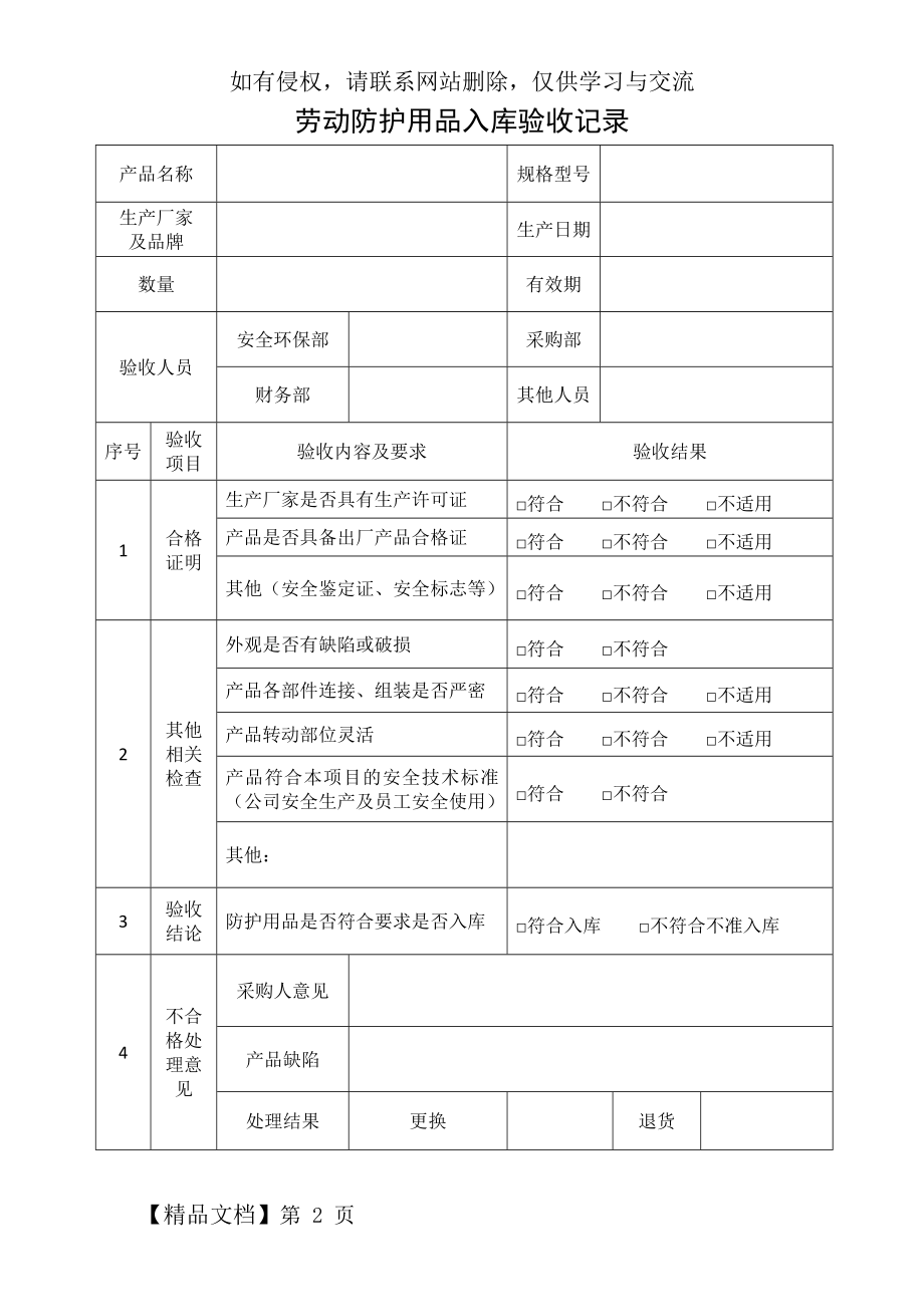 劳保防护用品验收记录表共2页word资料.doc_第2页