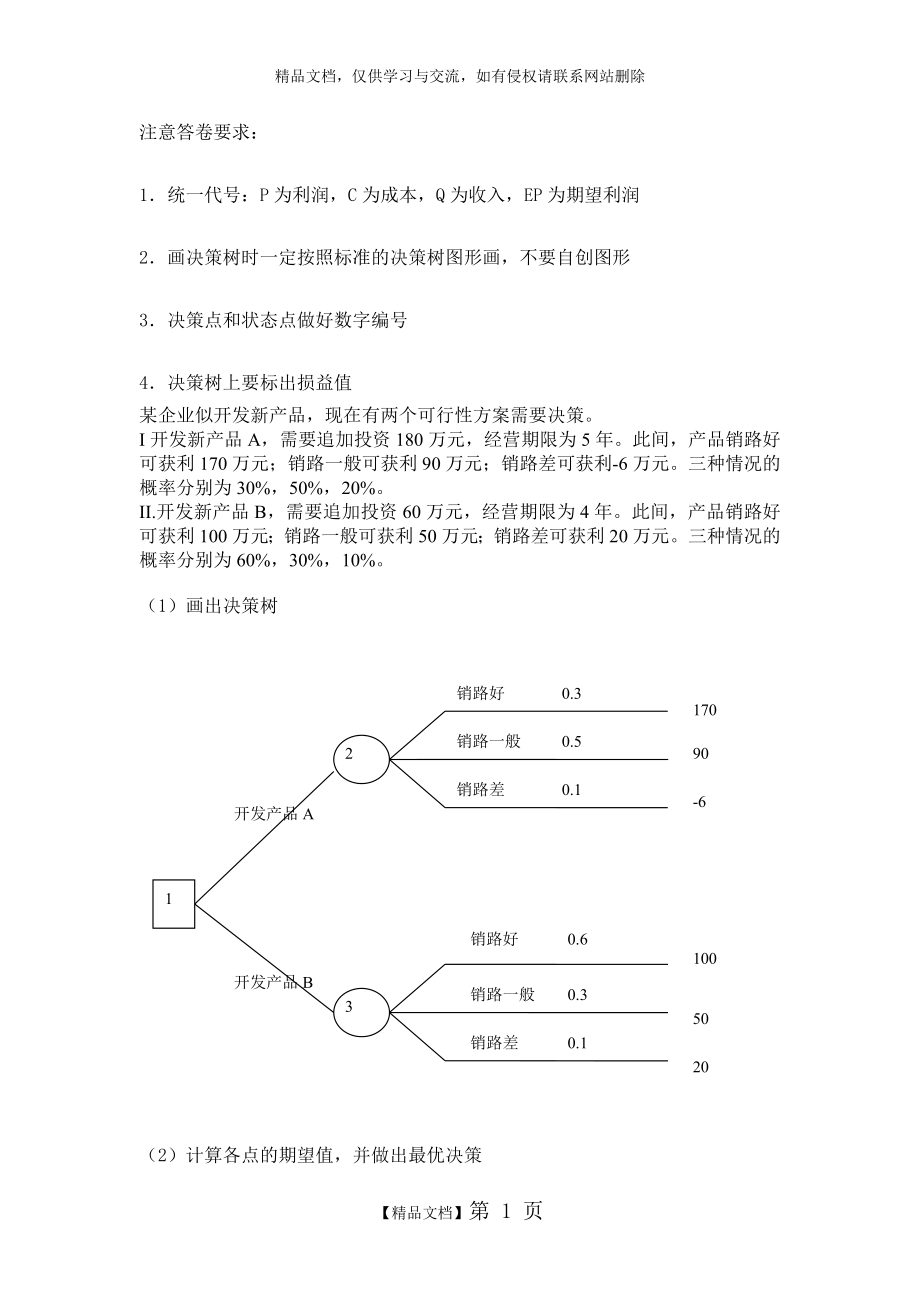 管理学决策树习题及答案.doc_第1页