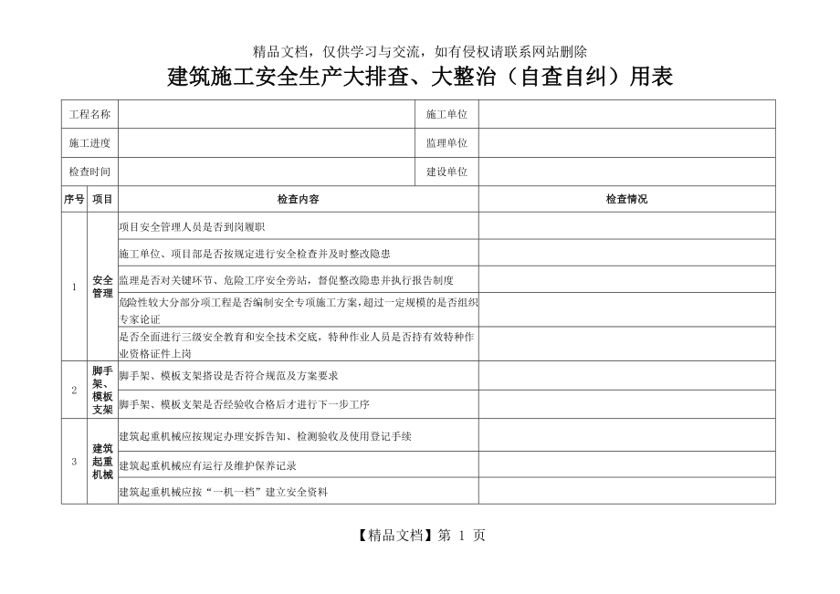 建筑施工安全生产大排查、大整治(自查自纠)用表.docx_第1页