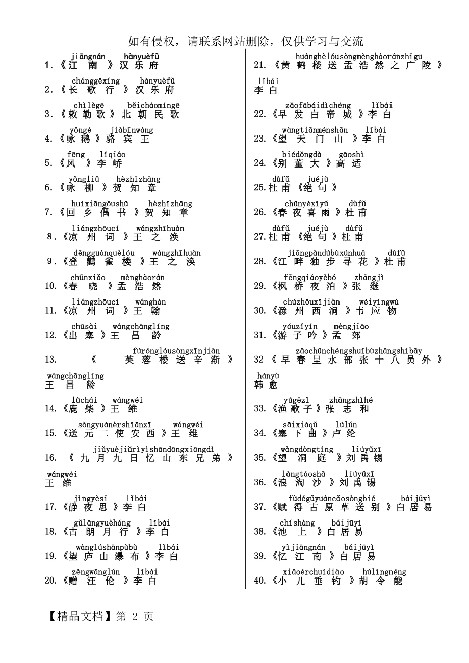 最新2012人教新课标小学生必背古诗75首(带拼音)打印版.doc_第2页