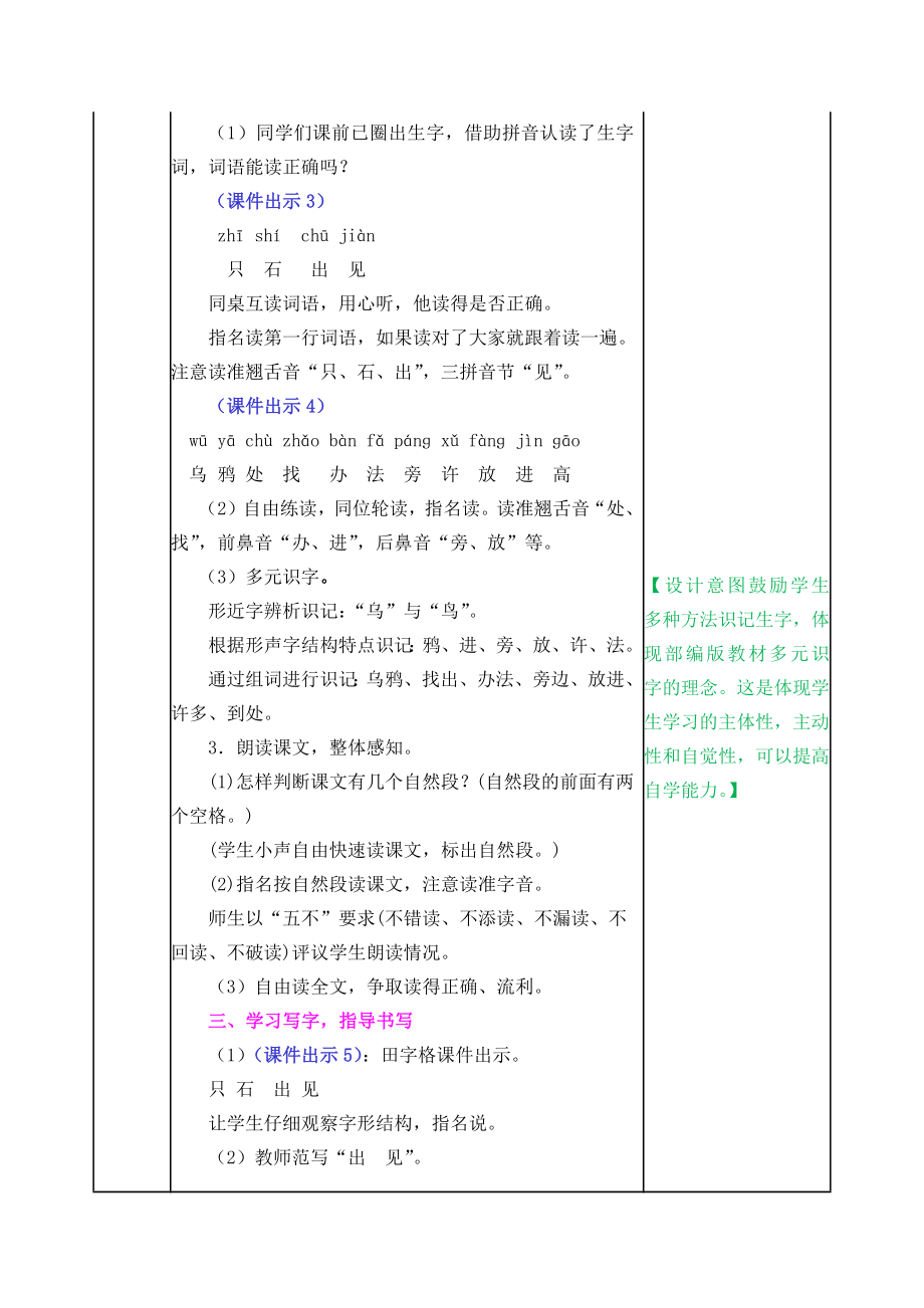 2021部编版一年级语文上册第13课乌鸦喝水教学设计表格式.docx_第2页