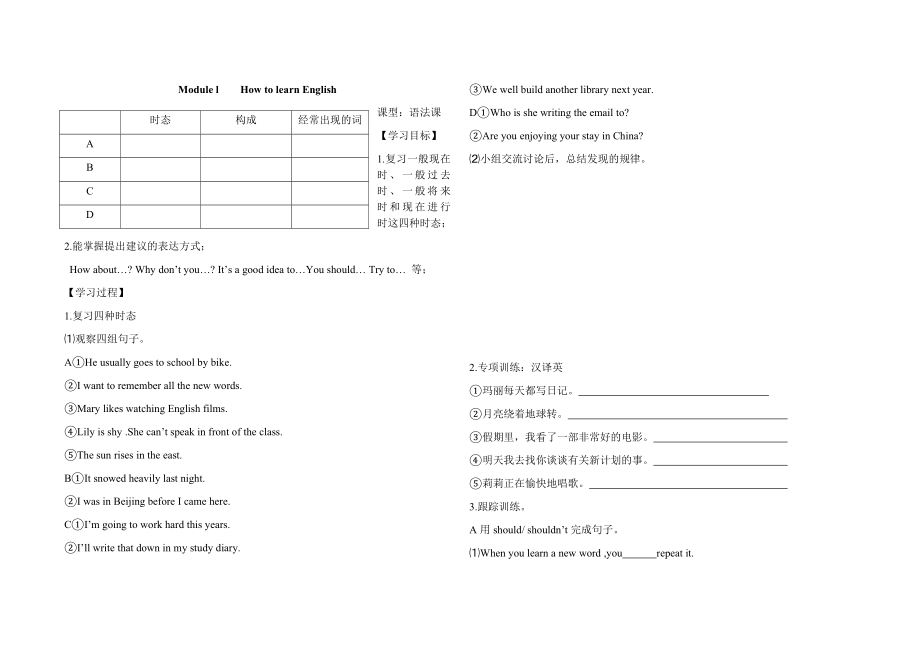 外研版英语八年级上册 Module l How to learn English 语法讲义与试题（WORD版无答案）.docx_第1页