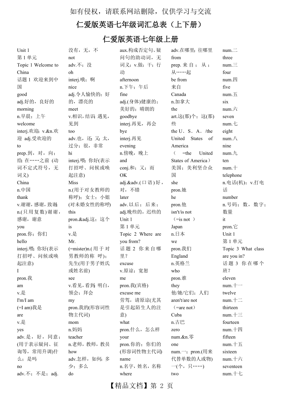 仁爱版英语七年级单词总表(上下册)知识讲解.doc_第2页