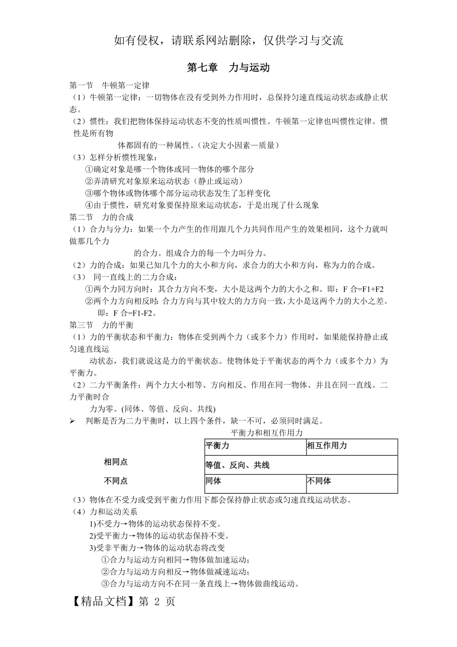 八年级下册物理第七章力与运动知识点总结教学教材.doc_第2页