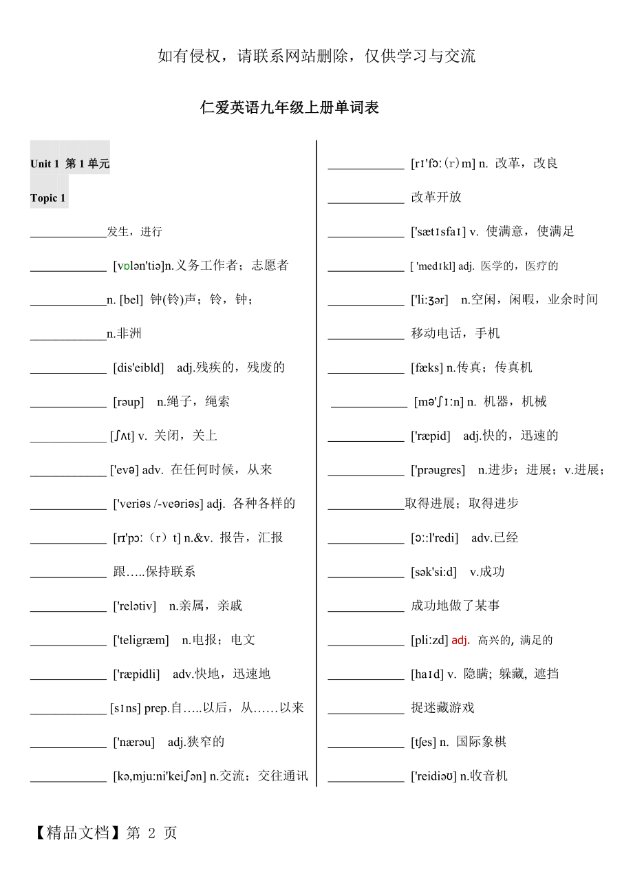 仁爱英语九年级上册单词表默写版(含音标)电子教案.doc_第2页