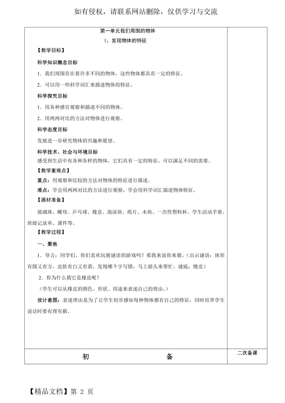 教科版一年级科学下册全一册教案52页word.doc_第2页