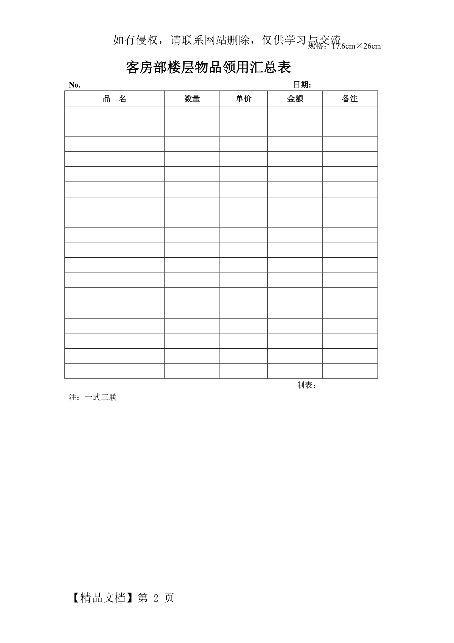 金都商务酒店客房部楼层物品领用汇总表.doc_第2页