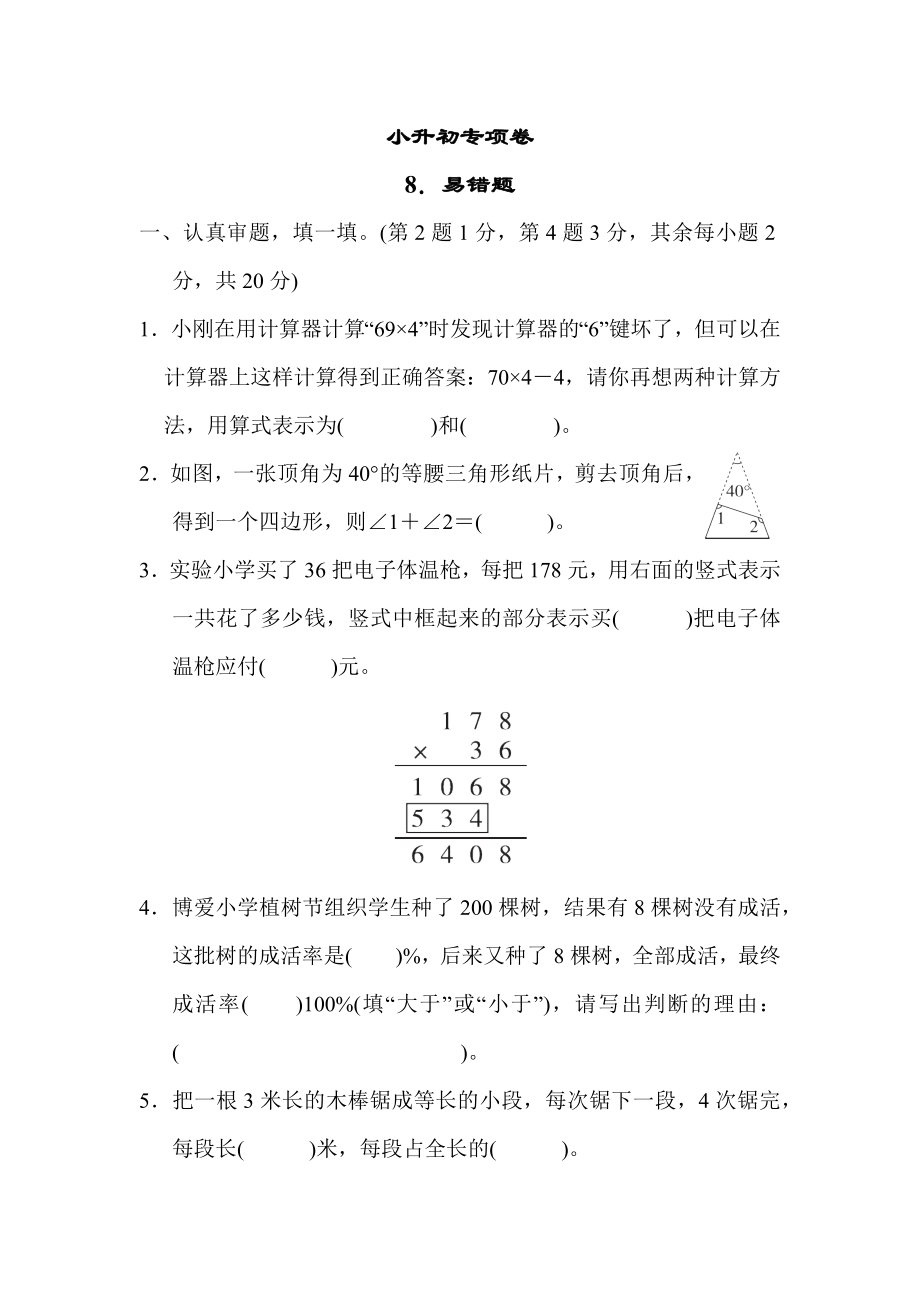 人教版六年级下册数学 小升初专项卷8．易错题.docx_第1页