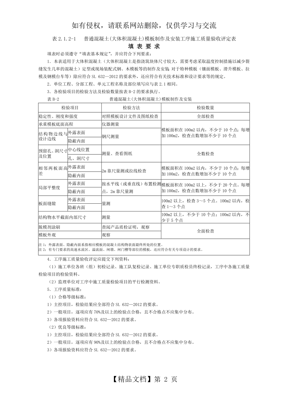 模板工序质量评定表--2017年水利工程.doc_第2页