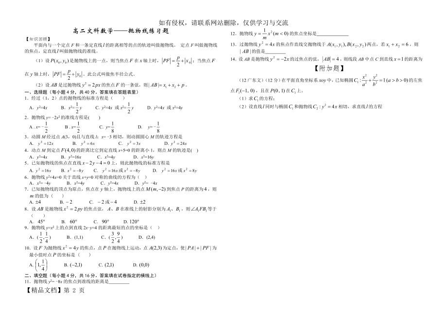 高二文科数学——抛物线练习题.doc_第2页