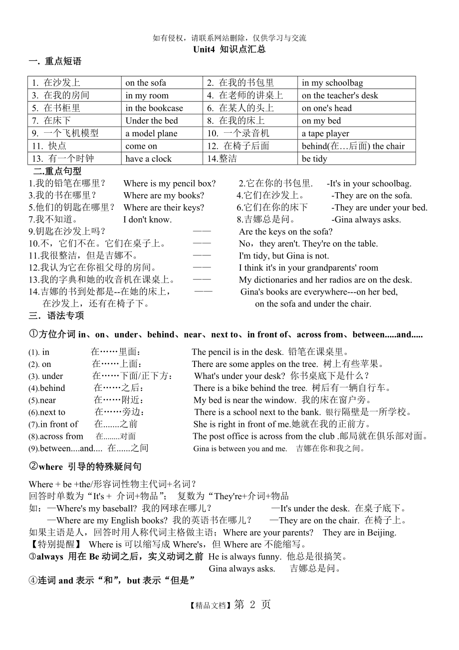 人教版七年级英语上册Unit4短语、句型、知识点总结教学资料.doc_第2页