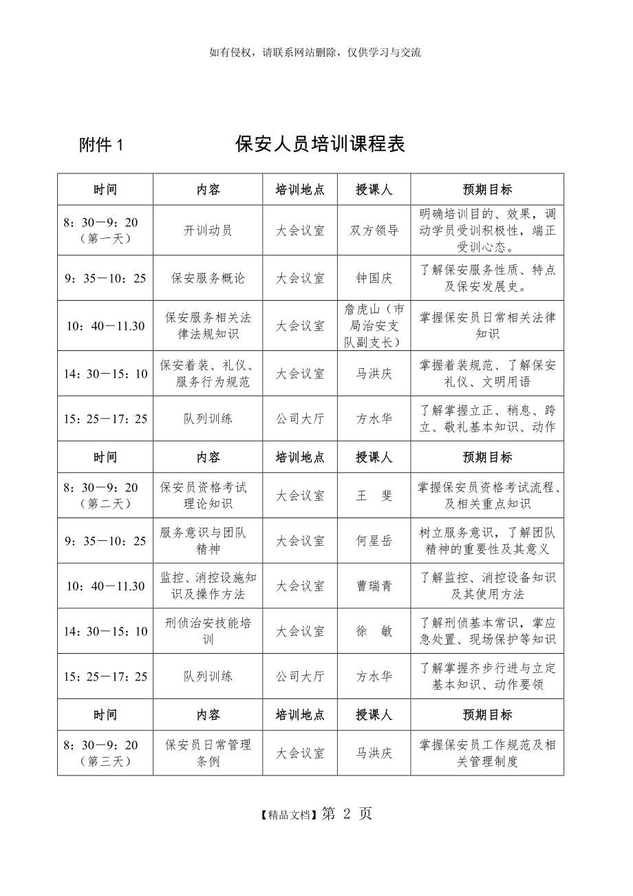 保安培训课程表(完整版)说课材料.doc_第2页