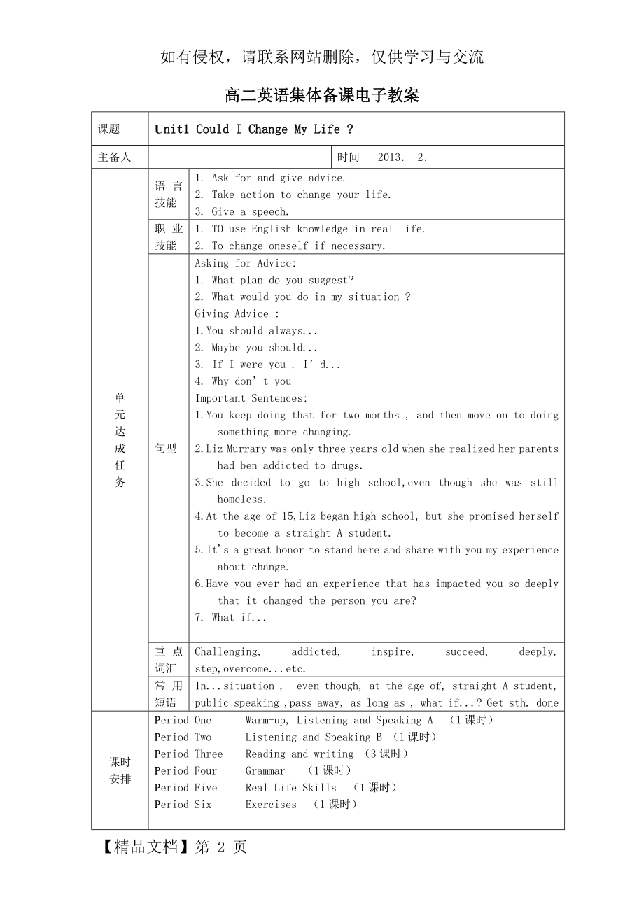 高二英语下凤凰职教集体备课电子教案 unit 1.doc_第2页