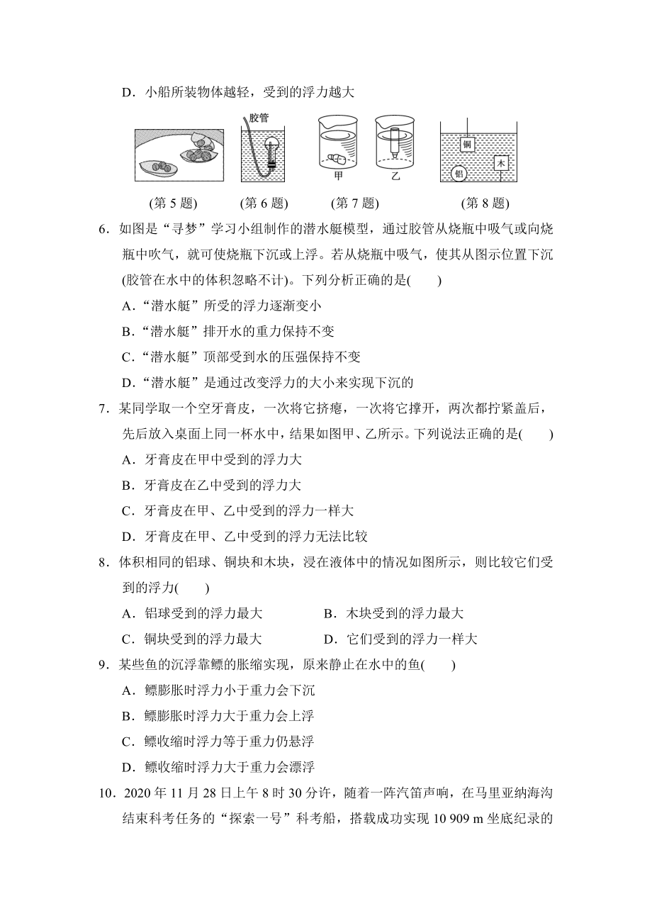 人教版八年级物理 第十章达标测试卷.doc_第2页