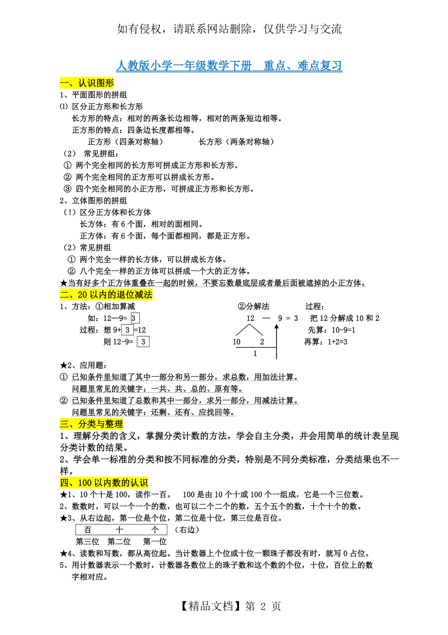 人教版小学一年级数学下册_知识点归纳总结教案资料.doc_第2页