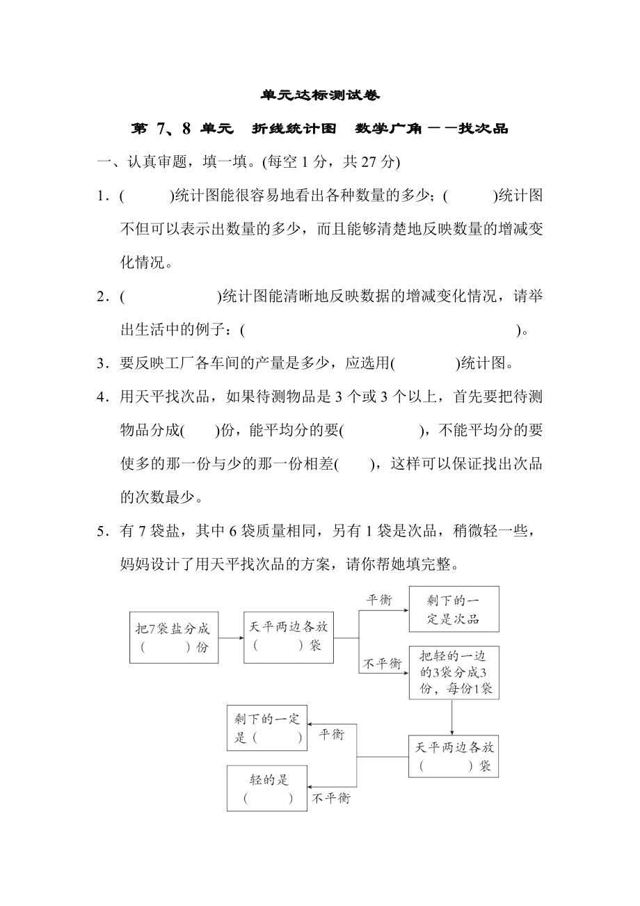 青岛版五年级下册数学 单元达标测试卷 第 7、8 单元　折线统计图　数学广角——找次品.docx_第1页