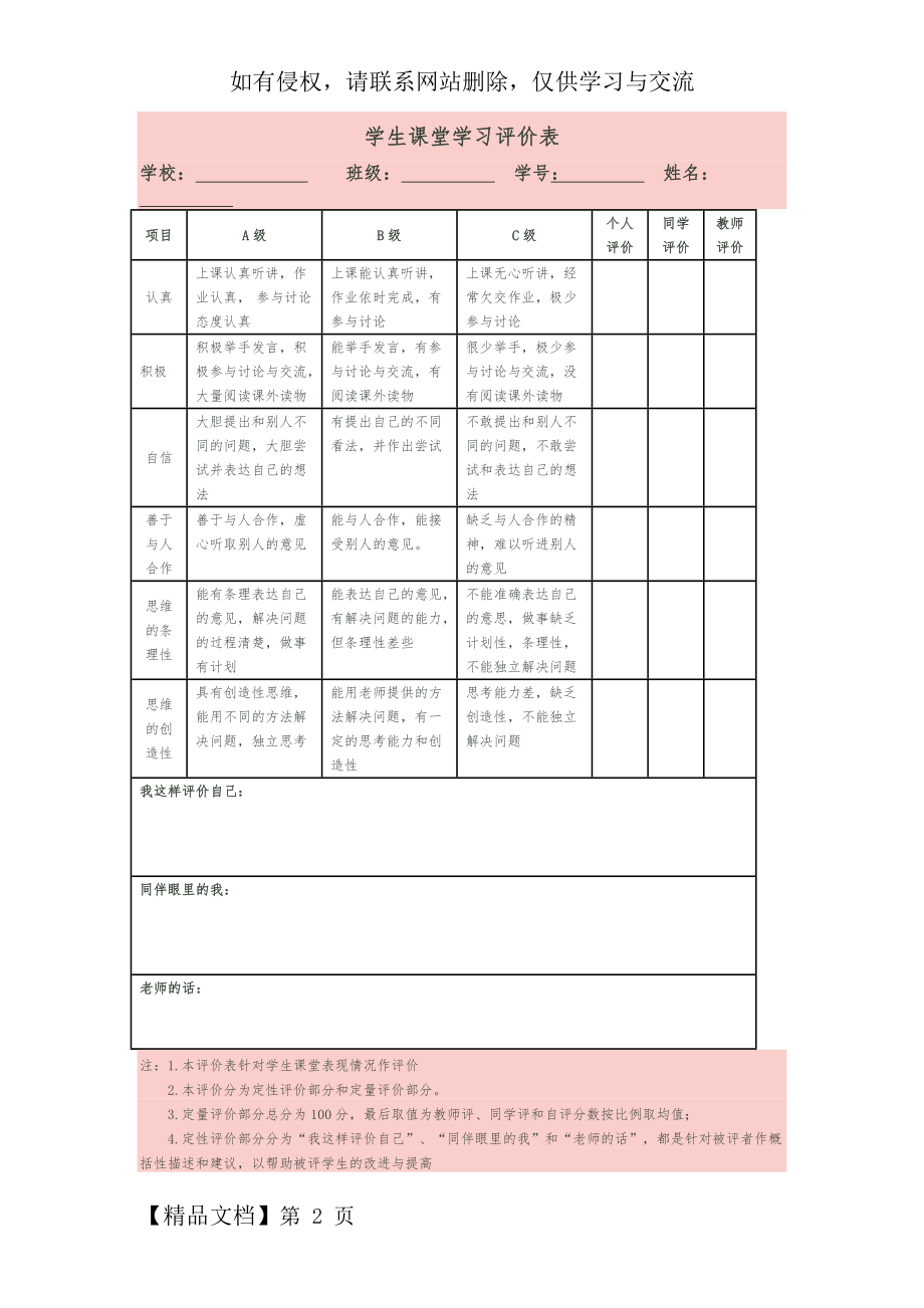 学生课堂学习评价表3页word.doc_第2页