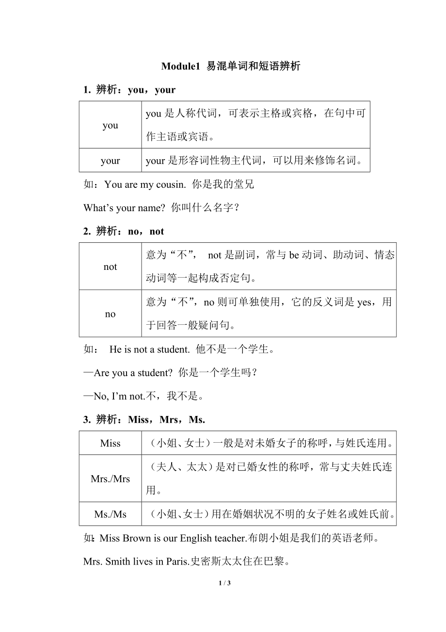 外研版七年级英语上册Module 1 My classmates易混单词和短语辨析.doc_第1页