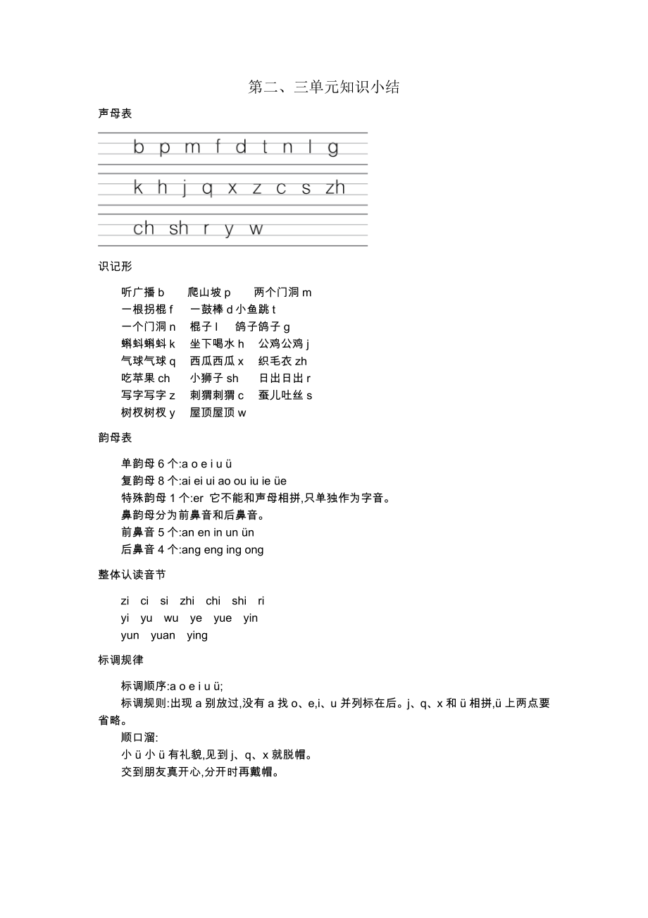 2021年部编版一年级语文上册第二、三单元知识小结.docx_第1页