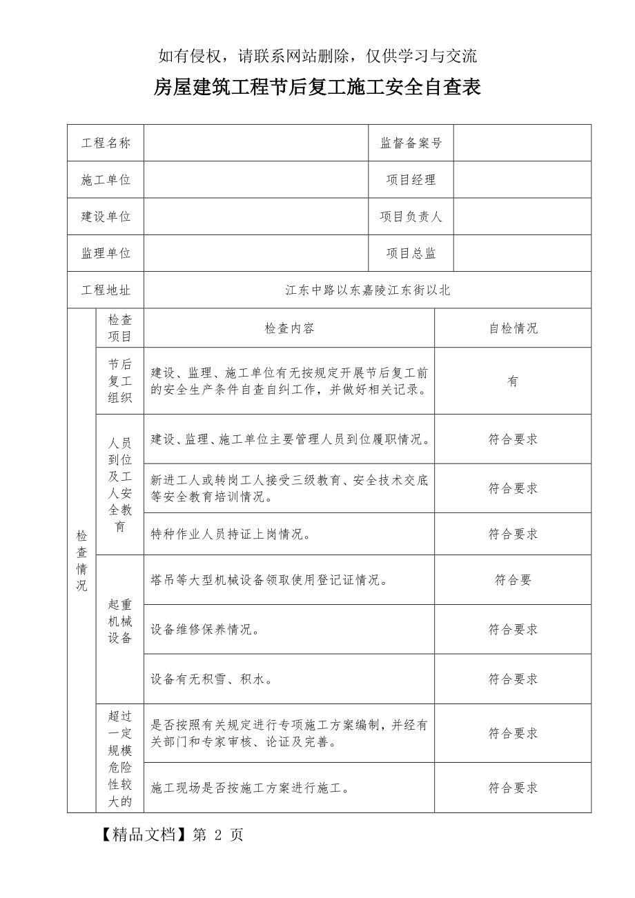 房屋建筑工程节后复工安全自查表word精品文档4页.doc_第2页