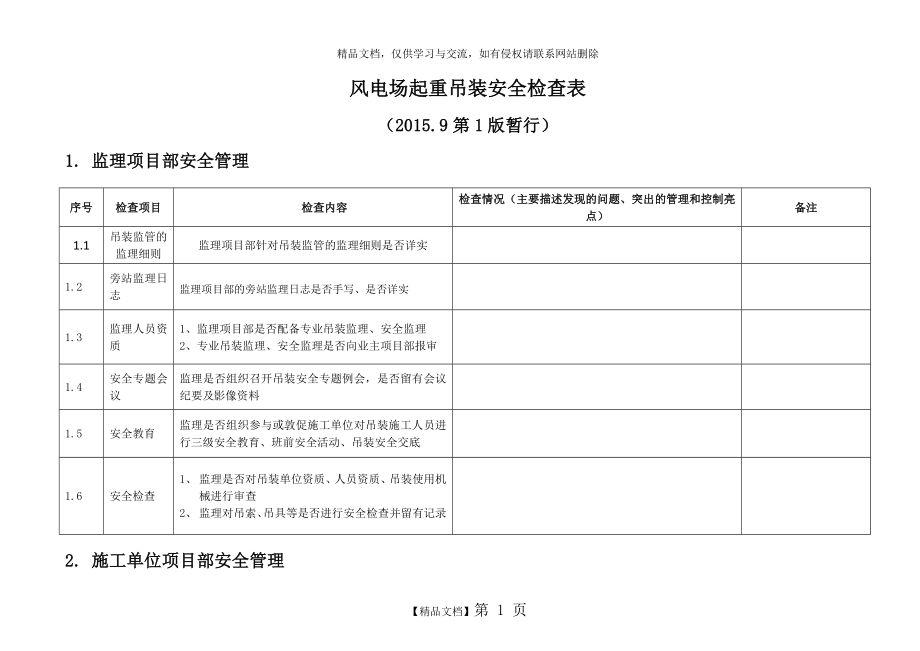 风电场起重吊装安全检查表.doc_第1页