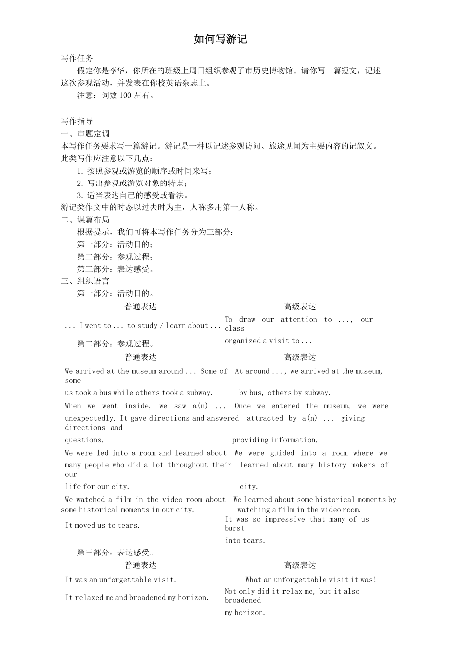 2022届高考英语二轮复习：如何写游记讲义学案（含答案）.doc_第1页