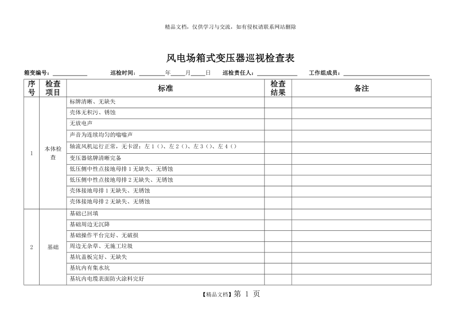 风电场箱式变压器巡视检查表.doc_第1页