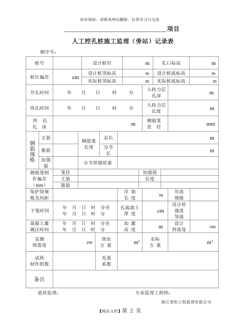 人工挖孔桩施工监理(旁站)记录表复习课程.doc_第2页