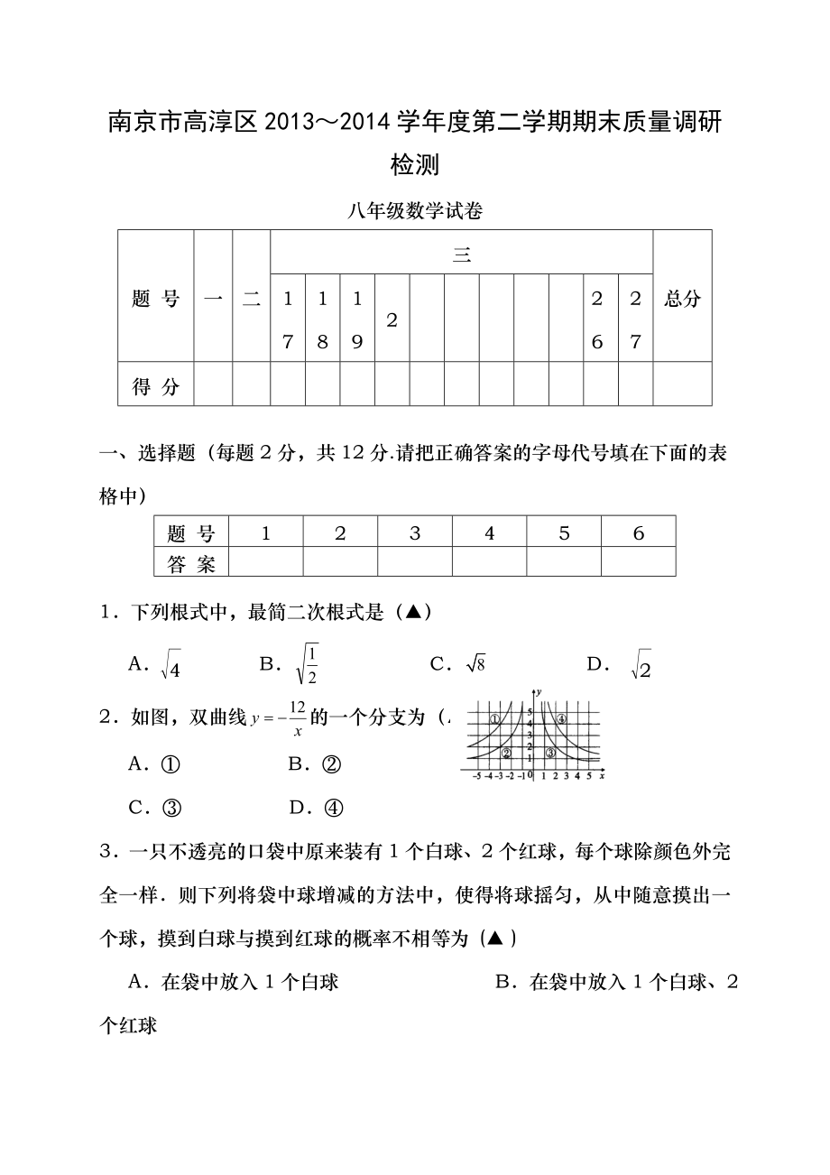 20132014学年江苏省南京市高淳区八年级第二学期期末质量调研检测数学试卷含答案.docx_第1页