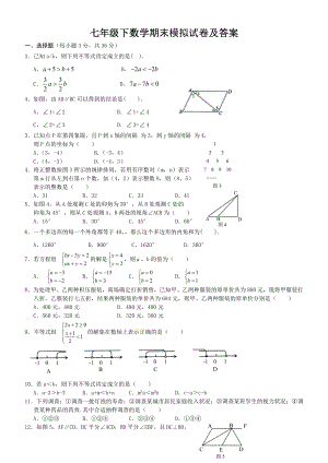 2012年七年级人教版数学下册期末模拟考试试卷及答案.docx