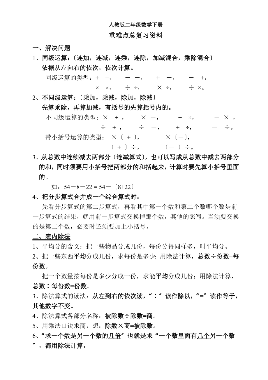 人教版小学二年级下册数学重难点知识点归纳复习资料提纲1.docx_第1页