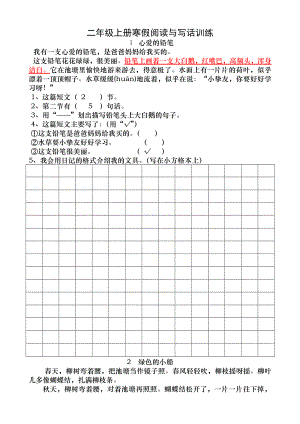 人教版二年级语文寒假阅读与训练复习资料.docx