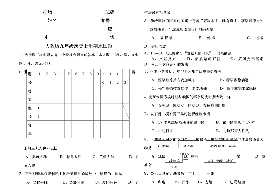 人教版九年级上册历史期末试题含答案.docx_第1页