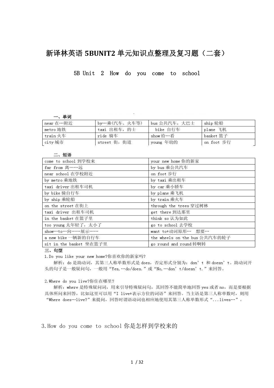 个人精心制作新译林小学英语5BUNIT2单元知识点整理及复习题.docx_第1页