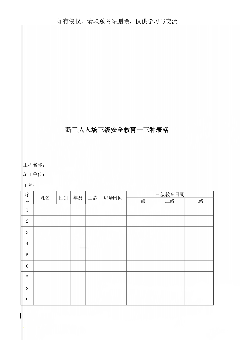 新工人入场三级安全教育--三种表格-8页精选文档.doc_第1页