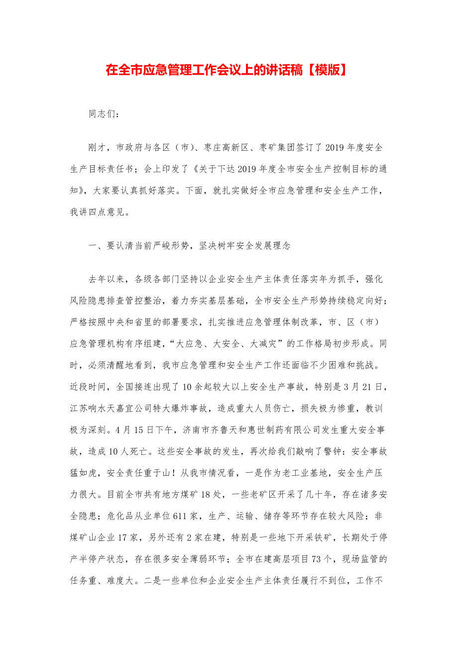 县市领导讲话稿--在全市应急管理工作会议上的讲话稿模版.pdf_第1页