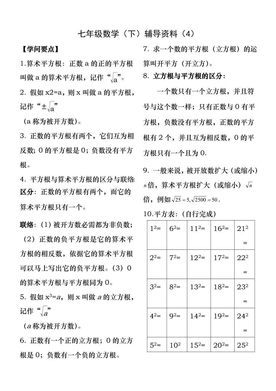 人教版七年级数学下册实数知识点归纳及常见考题.docx_第1页