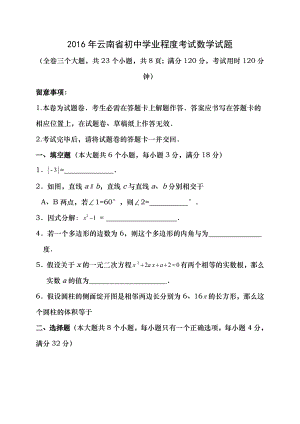 2016年云南省初中学业水平考试数学试题含扫描答案.docx