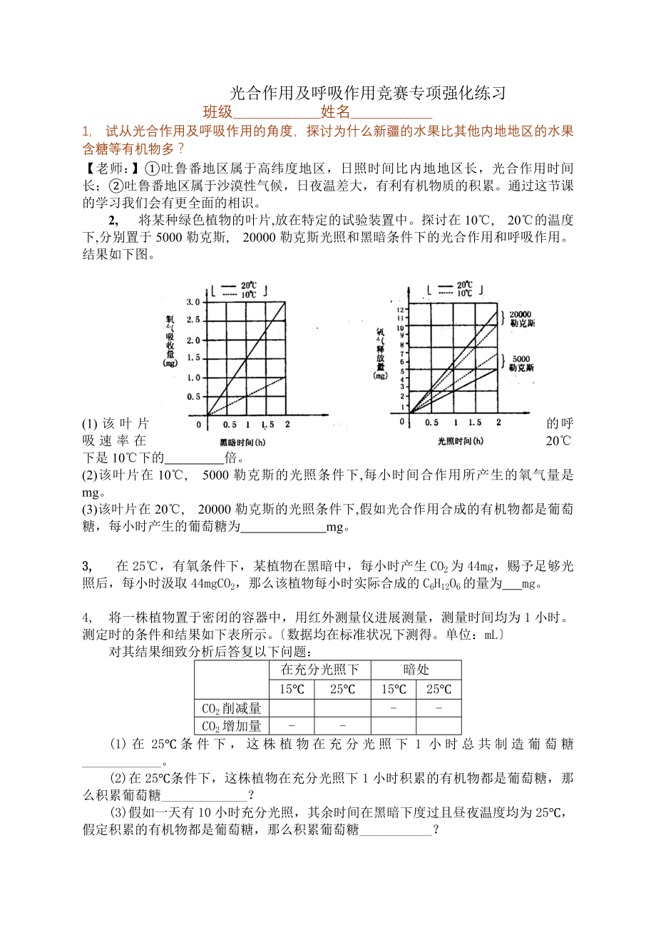 光合作用与呼吸作用竞赛专项强化练习有答案.docx_第1页