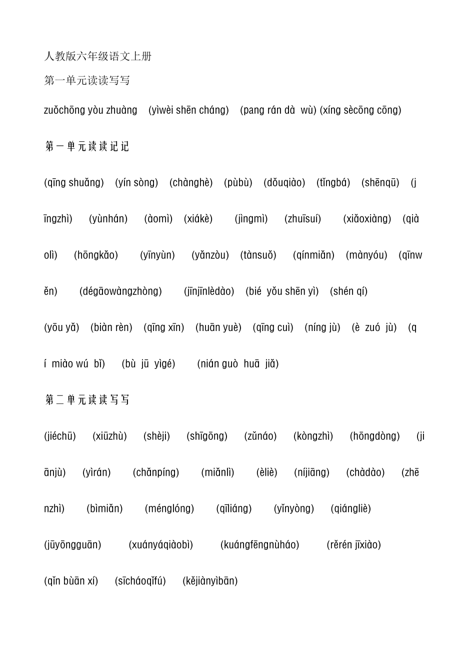 人教版六年级语文上下册读读写写读读记记拼音默写版复习资料.docx_第1页
